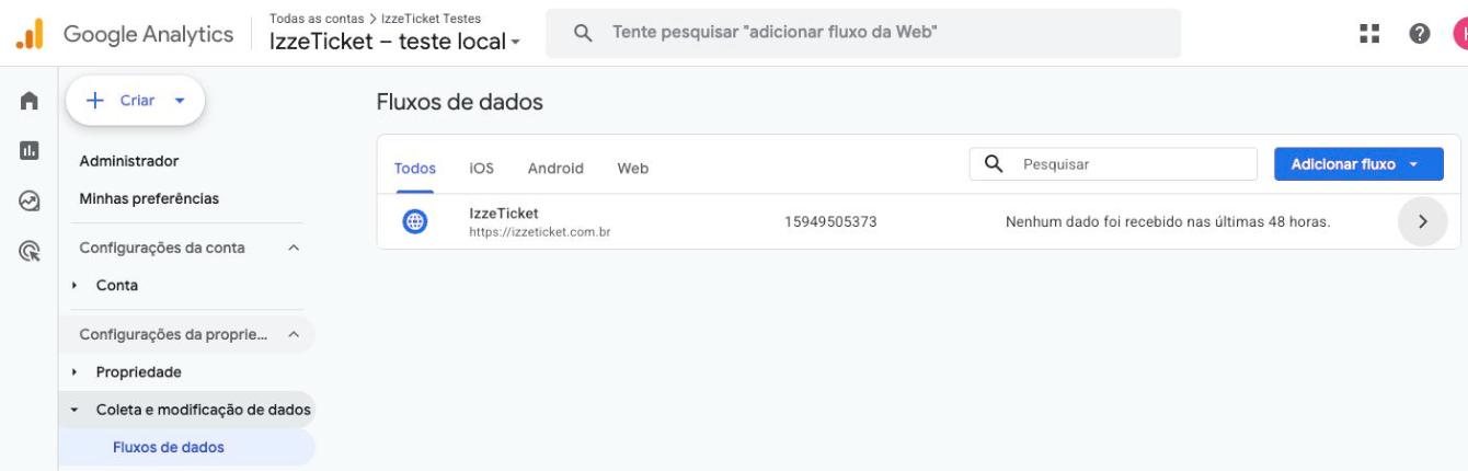 Tela Fluxos de dados no Administrador do Google Analytics.