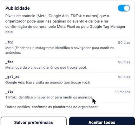 Preferências de cookies do IzzeTicket com a categoria Publicidade ligada.