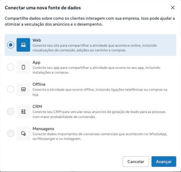 Janela Conectar uma nova fonte de dados do Gerenciador de Eventos, com a opção Web marcada.
