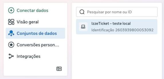 Lista de conjuntos de dados do Gerenciador de Eventos, com o Pixel e o número de identificação.