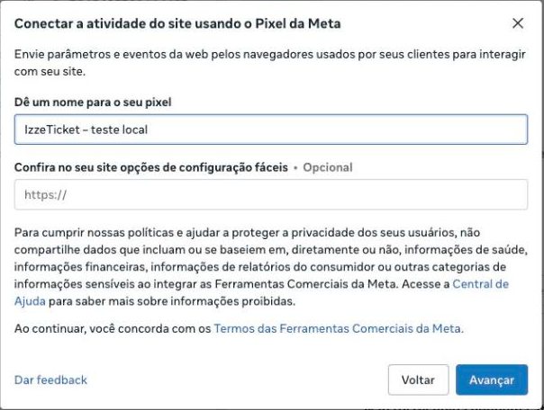 Janela para dar o nome ao Pixel, com o campo do endereço do site opcional.