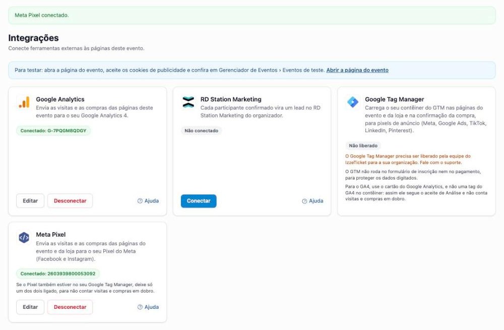 Cartão do Meta Pixel conectado, com o ID e os botões Editar e Desconectar.