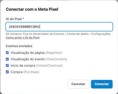 Janela Conectar com o Meta Pixel, com o ID preenchido e os quatro eventos marcados.