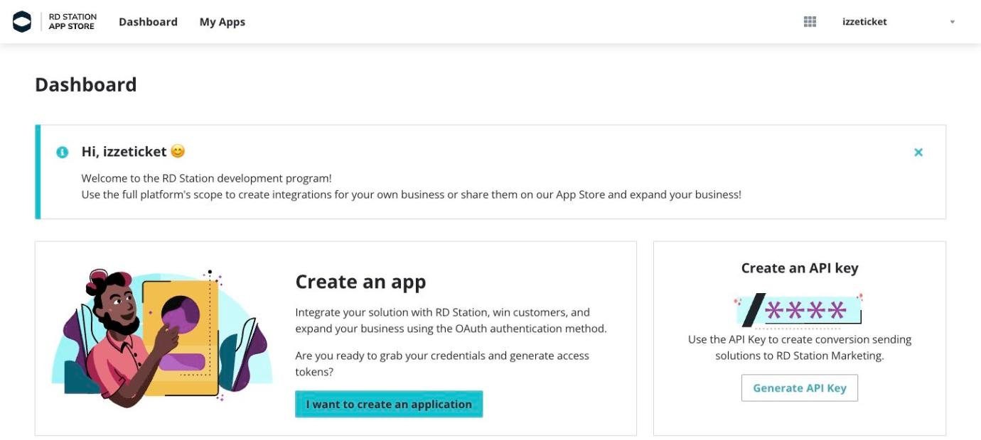 Painel do App Publisher do RD Station, com o cartão para criar uma chave de API.