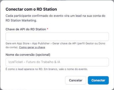 Janela Conectar com o RD Station, com os campos da chave e do nome da conversão.